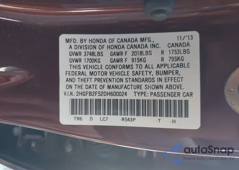 2013 Honda Civic Lx from USA, damaged, VIN 2HGFB2F52DH600024